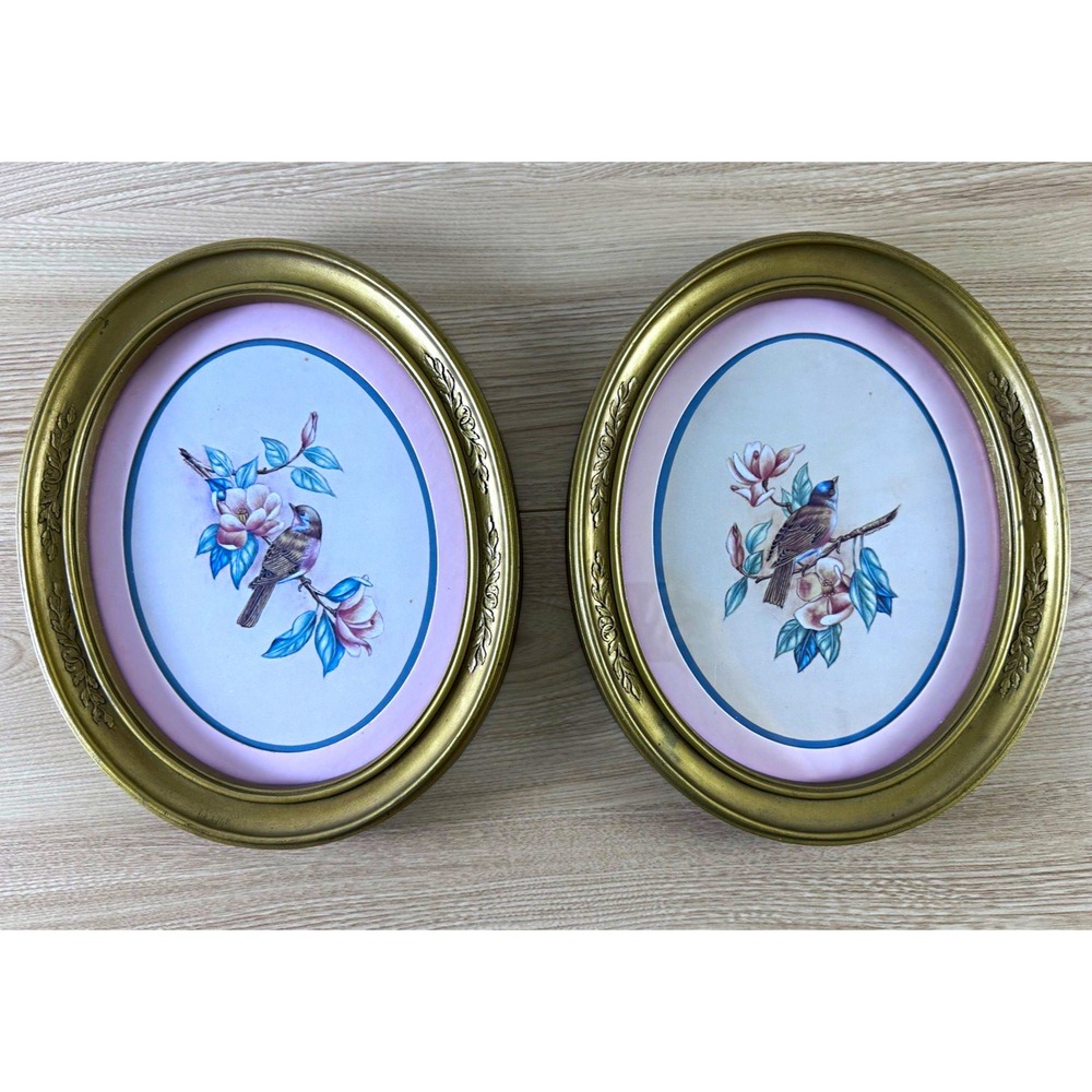 Vintage Homco Bird Magnolia Framed Print Pair Gold Oval Wall Art 11x9